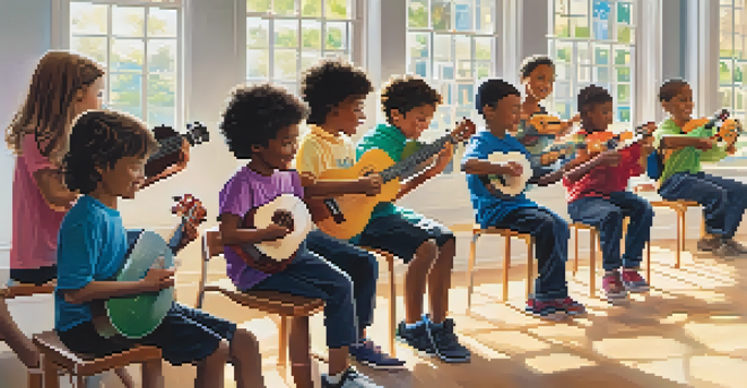 A diverse group of young students practicing rhythm on ukuleles in a bright classroom filled with musical posters.