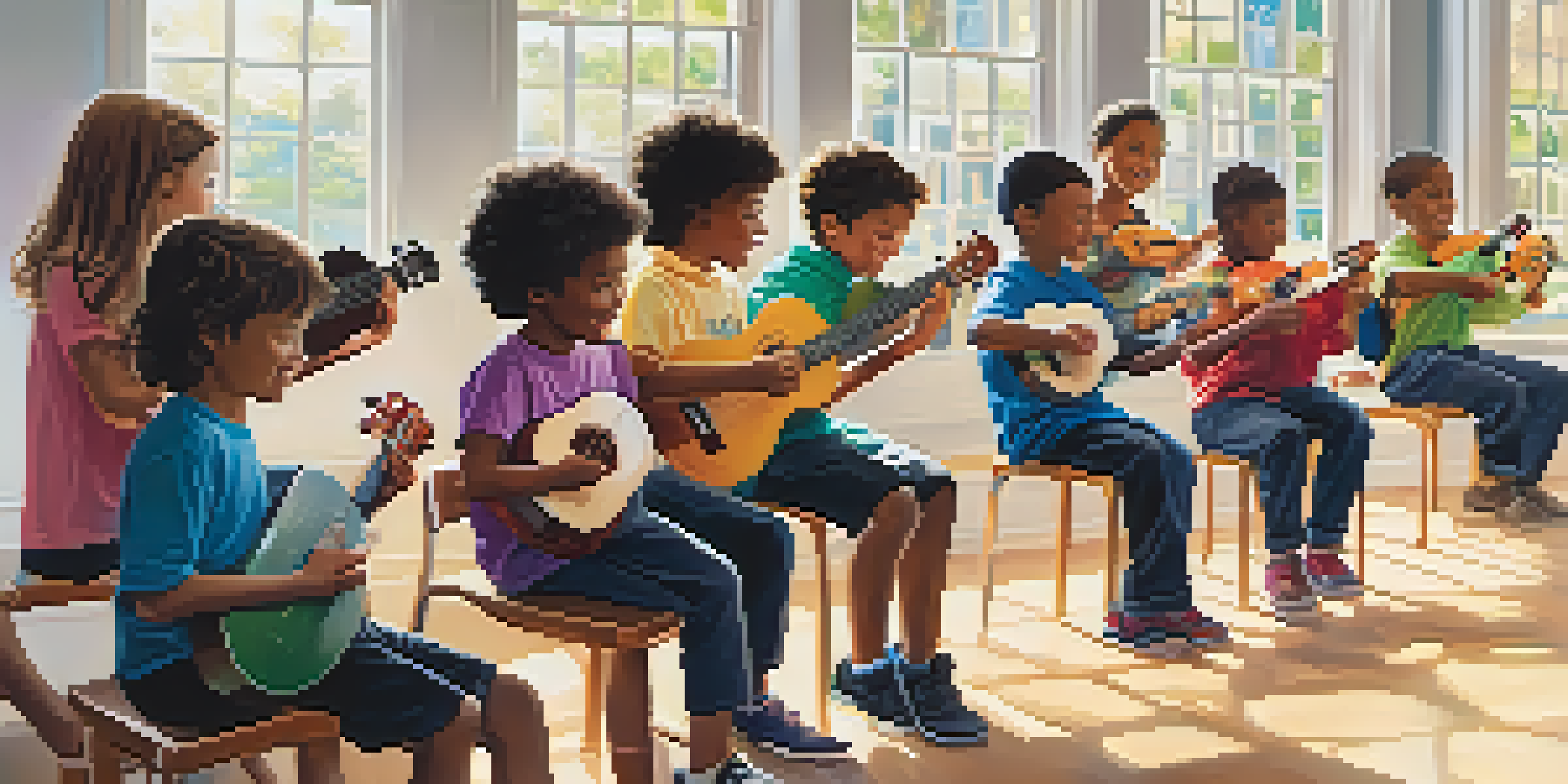 A diverse group of young students practicing rhythm on ukuleles in a bright classroom filled with musical posters.