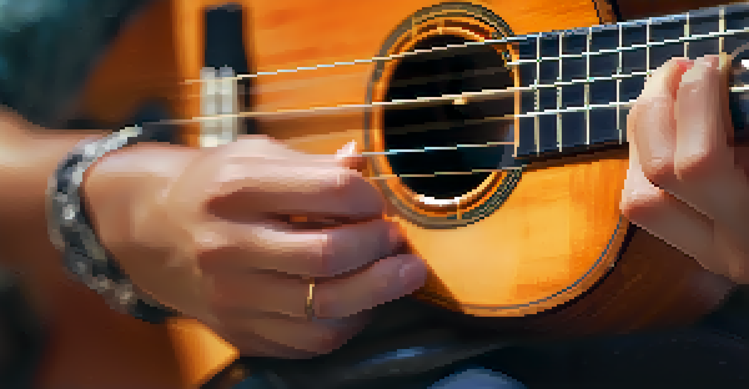 Close-up of hands playing a ukulele with a blurred background, highlighting the instrument's texture.