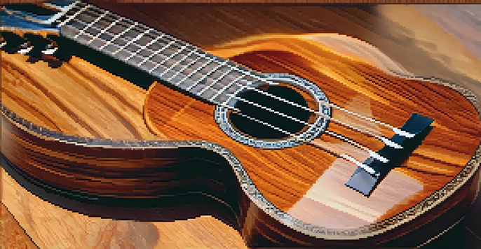 A detailed view of a ukulele made from koa wood on a wooden table, showcasing its craftsmanship and texture in soft natural light.