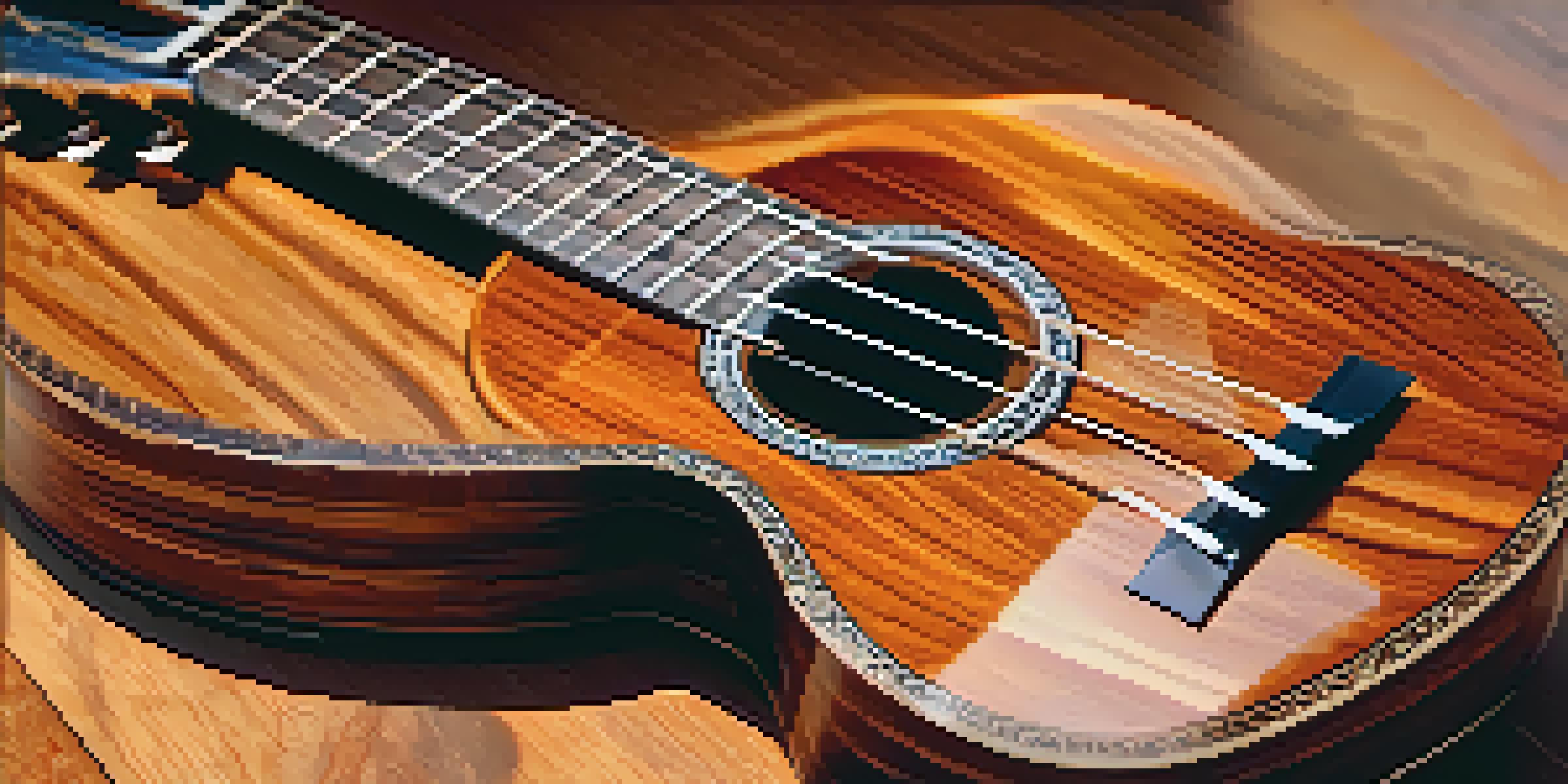 A detailed view of a ukulele made from koa wood on a wooden table, showcasing its craftsmanship and texture in soft natural light.