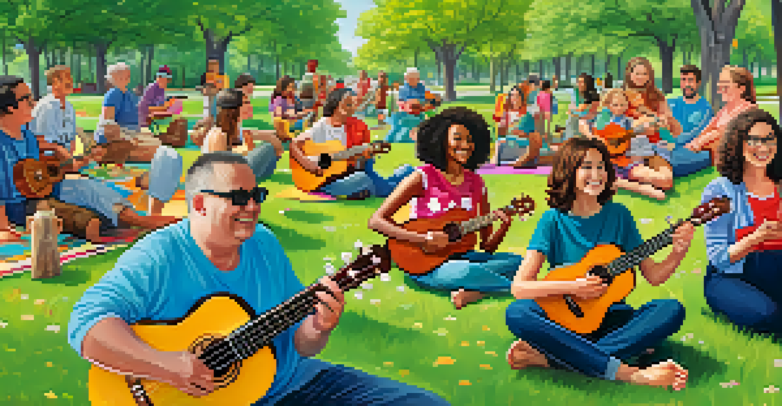 A diverse group of people of all ages playing ukuleles together in a sunny park, surrounded by flowers and trees.