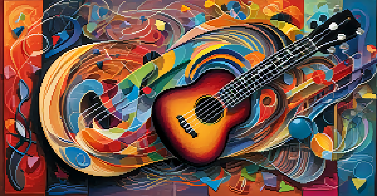An artistic representation of a ukulele with various fingerstyle techniques illustrated around it, surrounded by musical notes.