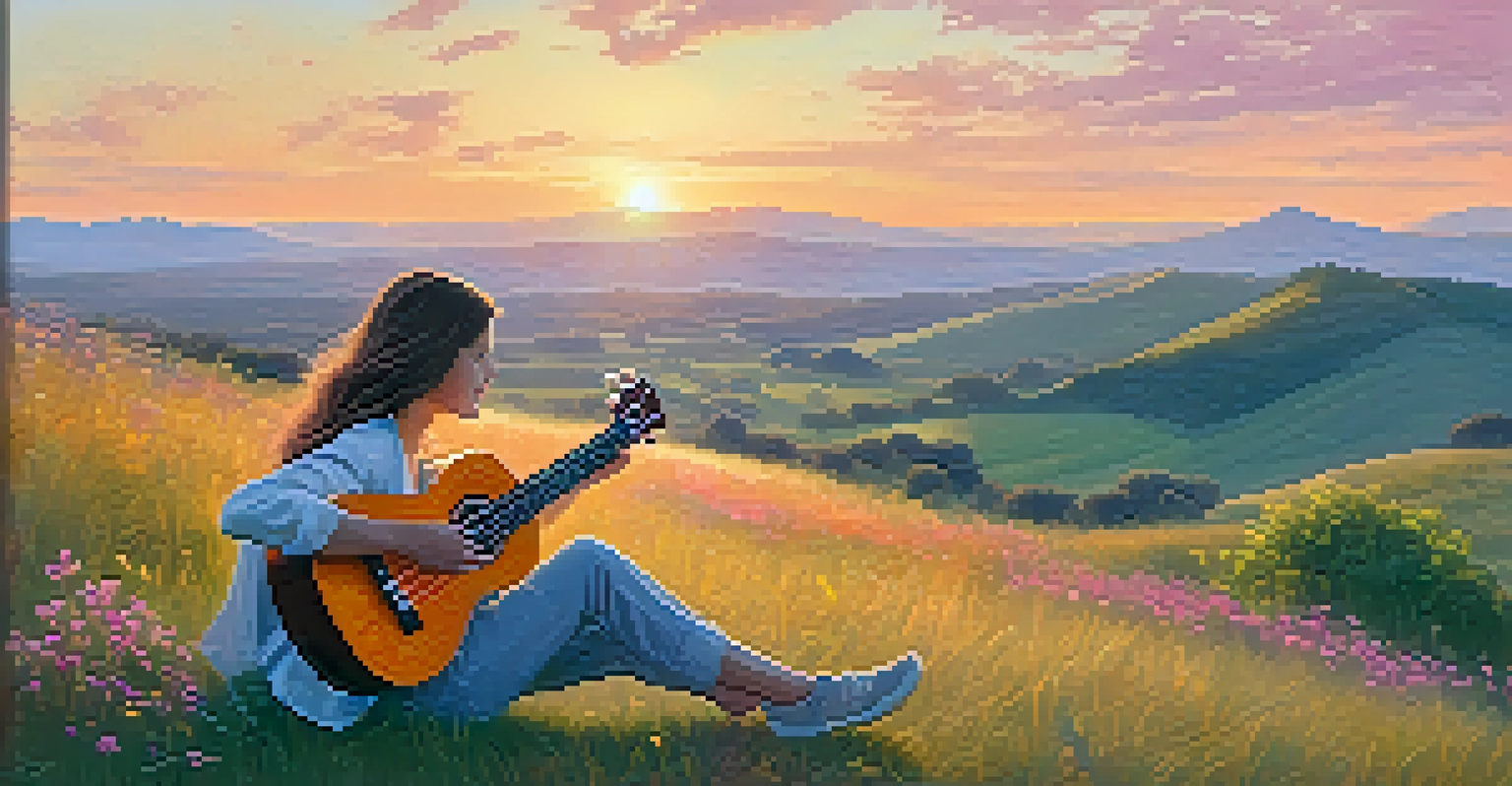A person playing a ukulele on a grassy hill during sunset, with warm colors in the sky and hills in the background.