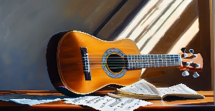 A close-up of a ukulele with hands playing arpeggios, surrounded by colorful sheet music on a wooden table, illuminated by soft natural light.
