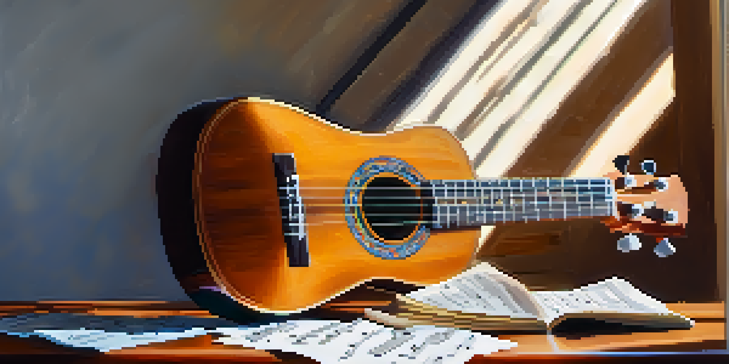 A close-up of a ukulele with hands playing arpeggios, surrounded by colorful sheet music on a wooden table, illuminated by soft natural light.