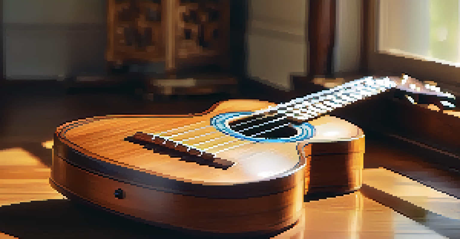 A close-up of a polished ukulele with intricate carvings on a wooden table, illuminated by soft sunlight.