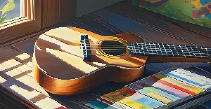 A close-up of a ukulele on a wooden table with colorful music sheets and chord books, illuminated by warm sunlight.