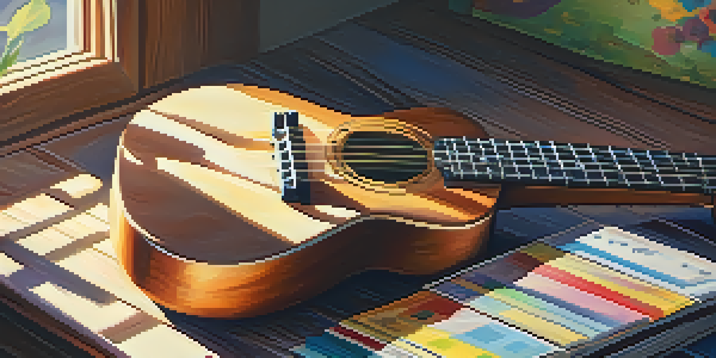 A close-up of a ukulele on a wooden table with colorful music sheets and chord books, illuminated by warm sunlight.