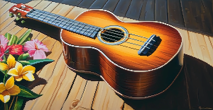 A close-up of a ukulele on a wooden table with tropical flowers, illuminated by sunlight.