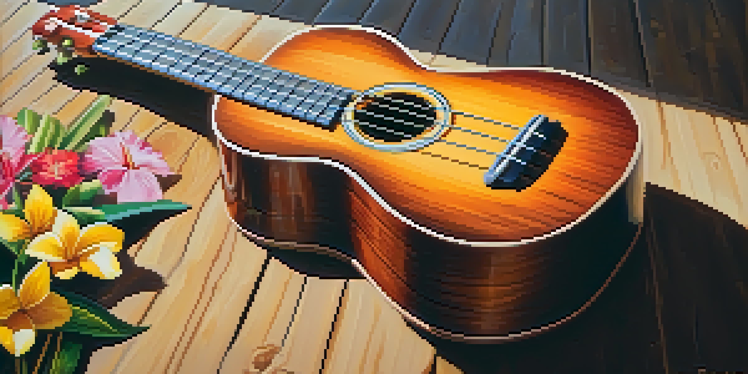 A close-up of a ukulele on a wooden table with tropical flowers, illuminated by sunlight.