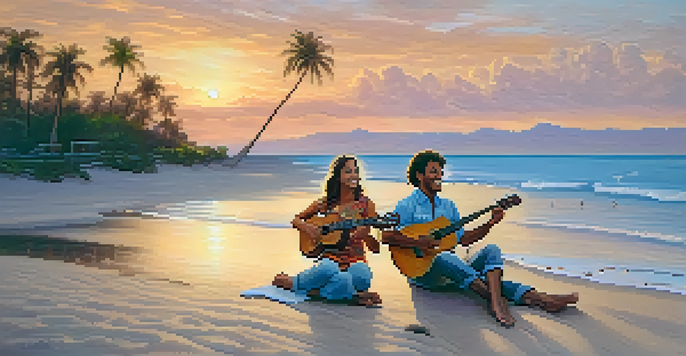 Two friends playing ukuleles at a serene beach during sunset, with warm colors reflecting on the water.