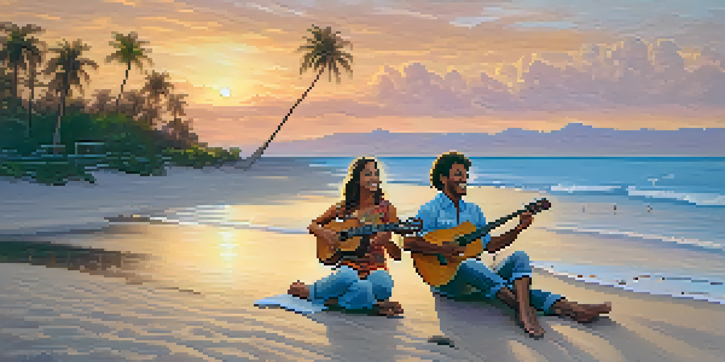 Two friends playing ukuleles at a serene beach during sunset, with warm colors reflecting on the water.