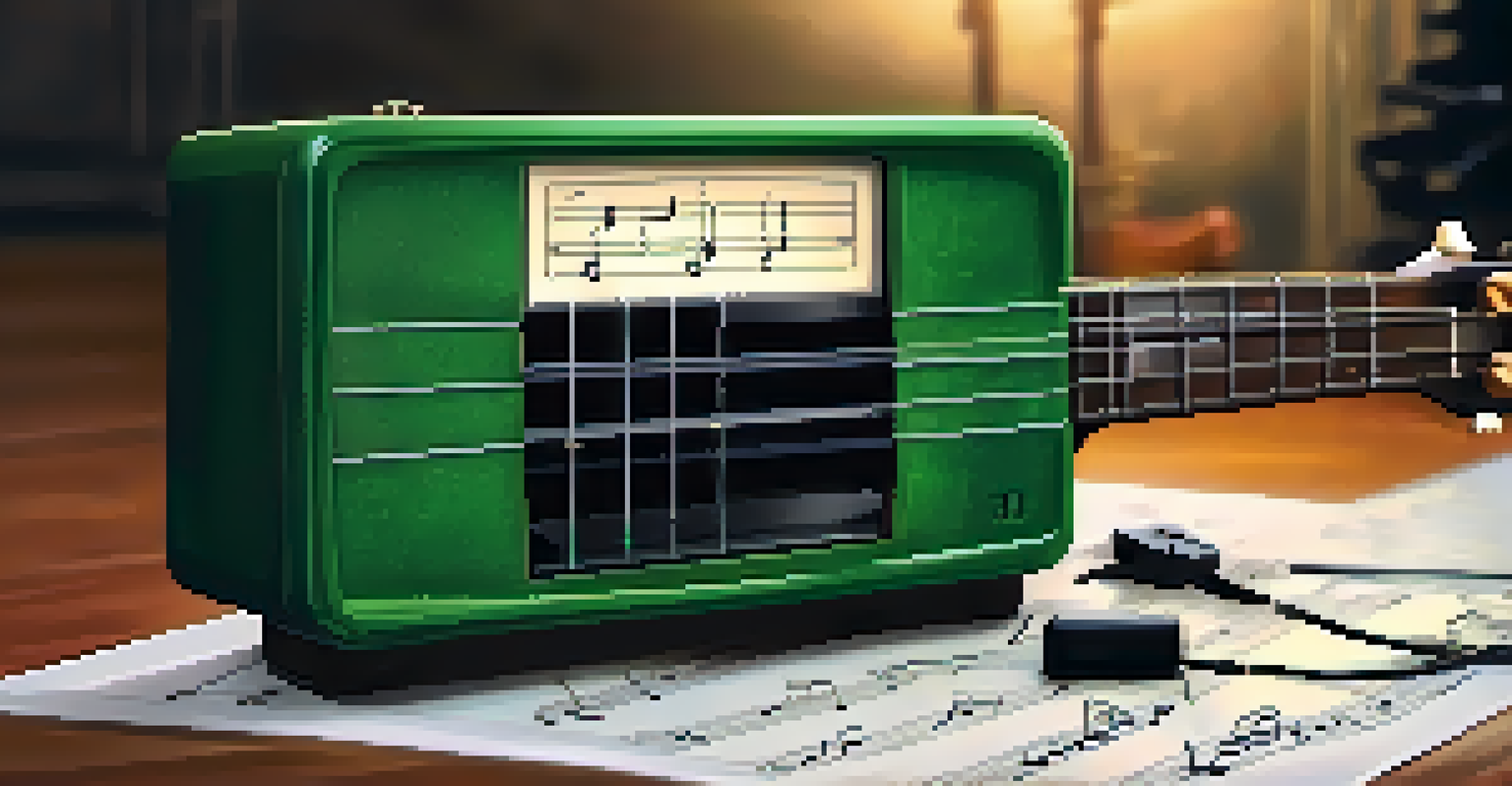 A digital tuner showing a green light on a ukulele, with sheet music nearby in a softly lit setting.