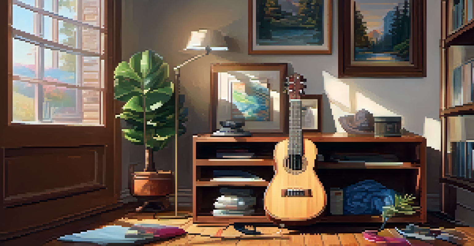 A ukulele in a protective case with cleaning supplies in a cozy music room filled with warm lighting and wooden shelves.