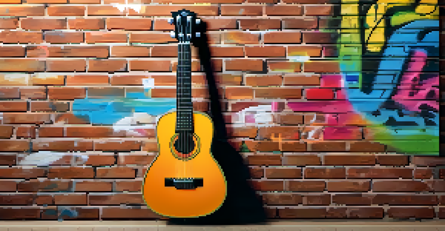 A vintage ukulele leaning against a brick wall with colorful graffiti art in the background.