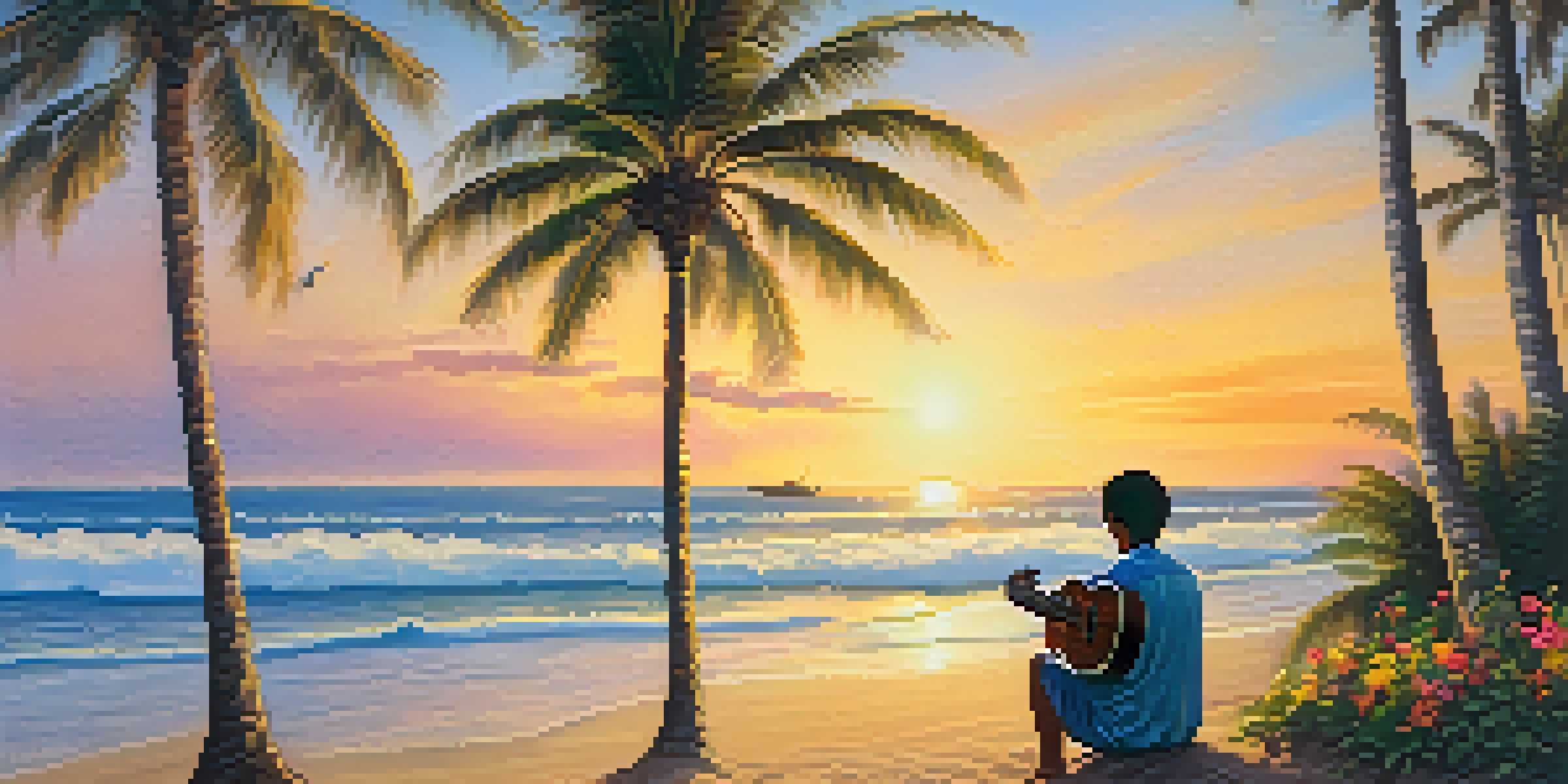 A person playing a ukulele on a Hawaiian beach during sunset, with palm trees and colorful flowers.