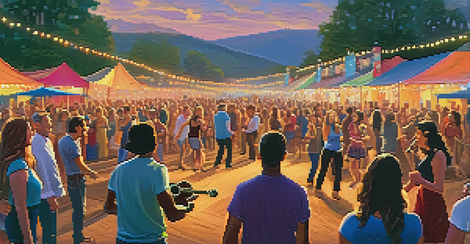 A lively country music festival scene with musicians on stage, including a ukulele player, and an enthusiastic crowd enjoying the performance under colorful lights.