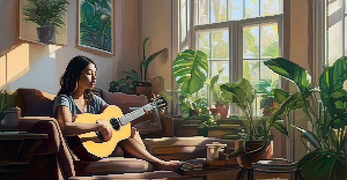 A young woman playing a ukulele on a cozy couch in a well-lit room with plants and artwork.