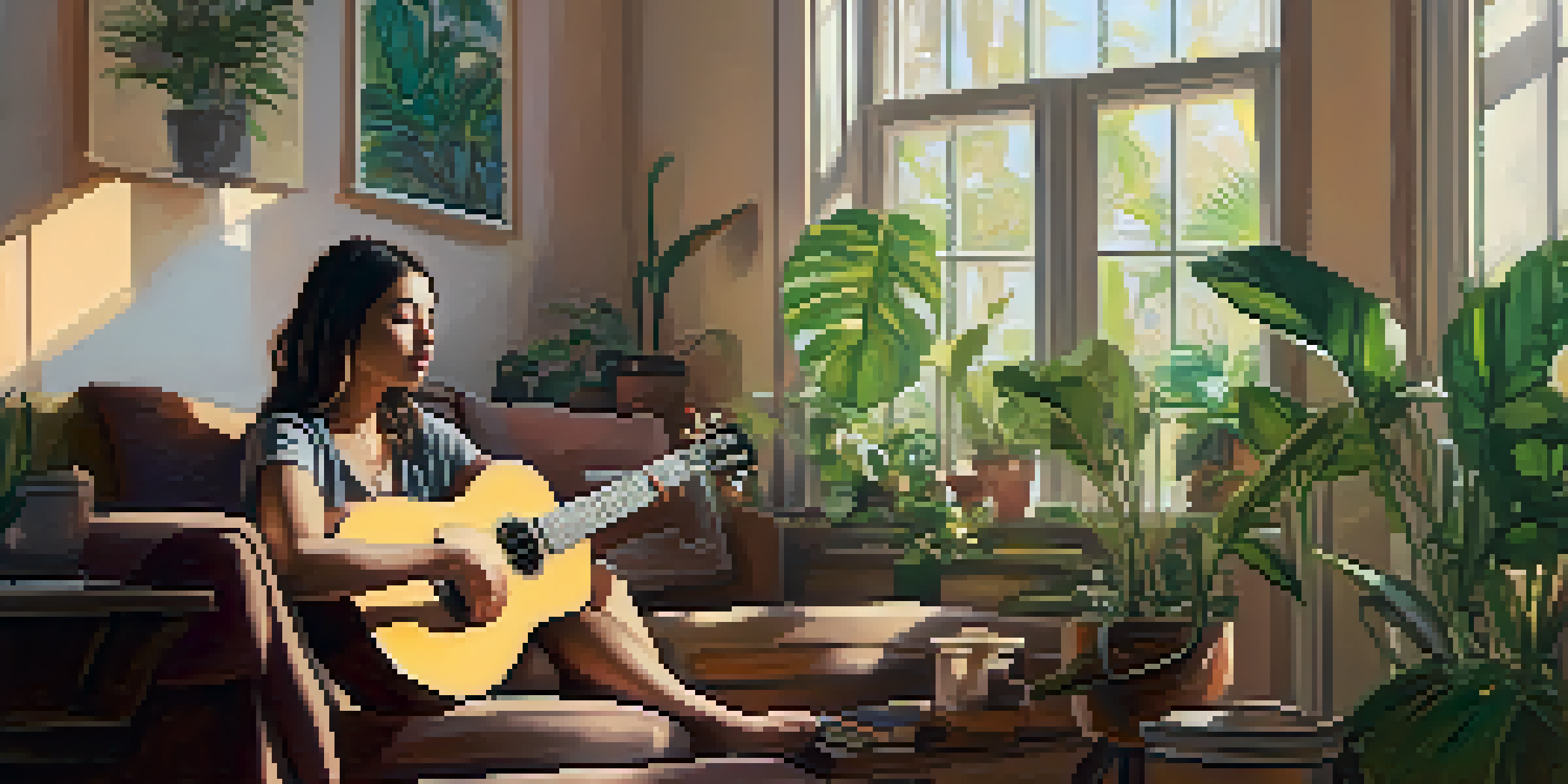 A young woman playing a ukulele on a cozy couch in a well-lit room with plants and artwork.