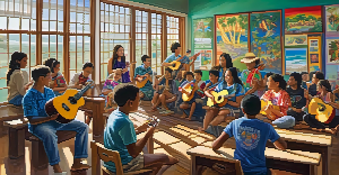 A colorful classroom in Hawaii with students learning to play the ukulele, sunlight streaming through the windows and vibrant cultural posters on the walls.