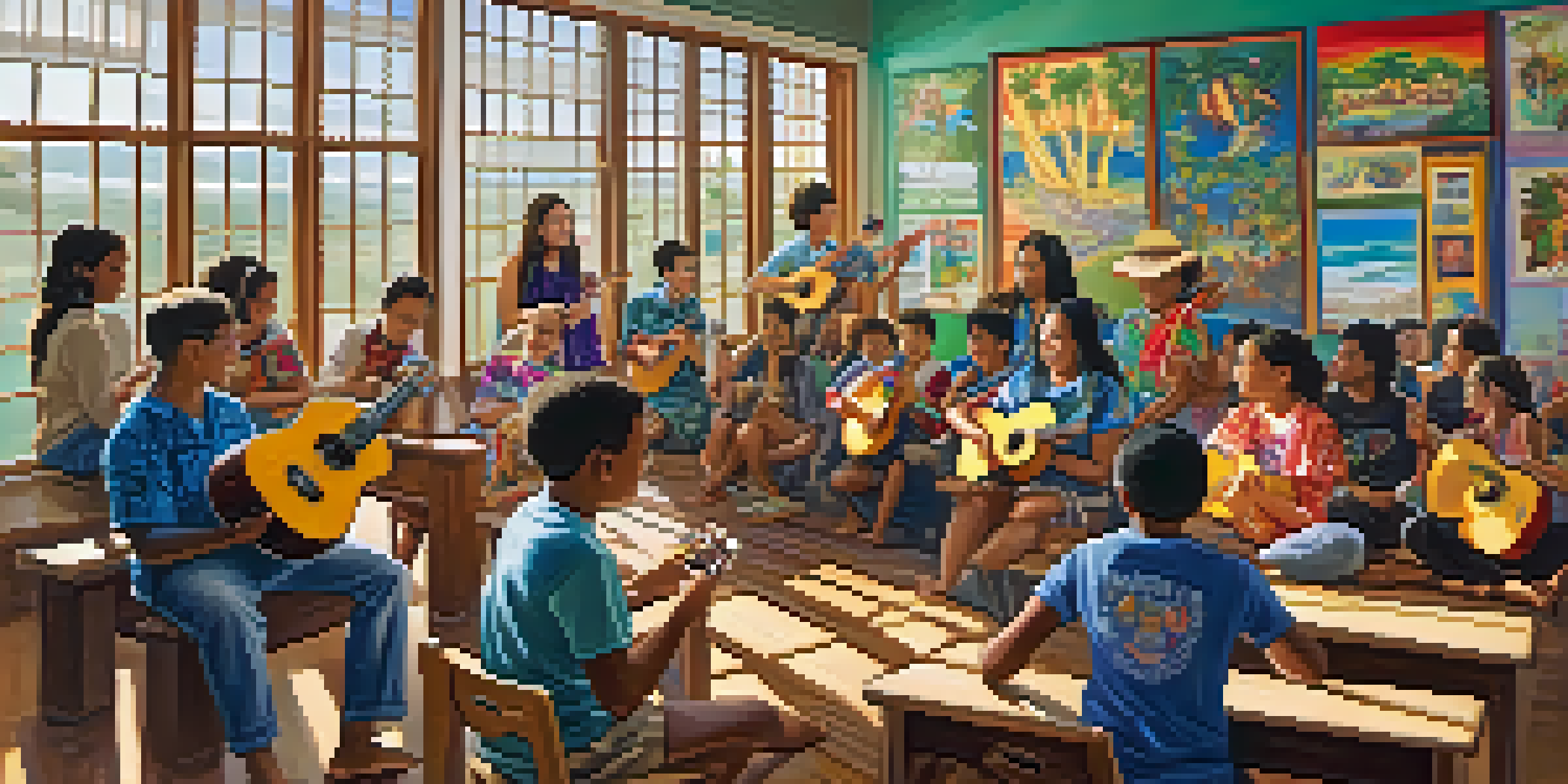 A colorful classroom in Hawaii with students learning to play the ukulele, sunlight streaming through the windows and vibrant cultural posters on the walls.