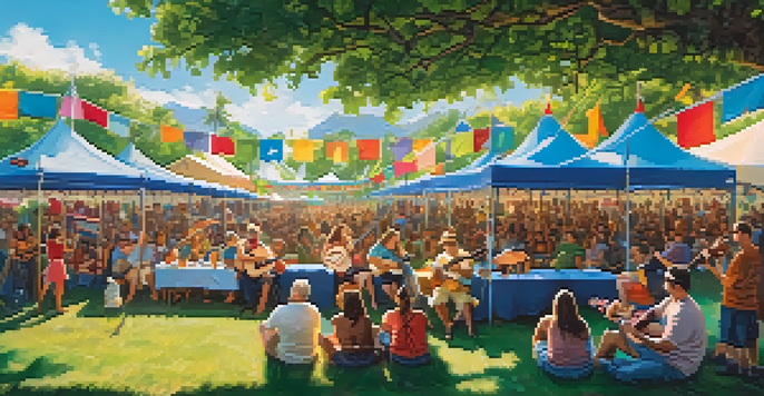 A lively ukulele festival with musicians and attendees in a sunny outdoor setting, surrounded by colorful decorations and greenery.