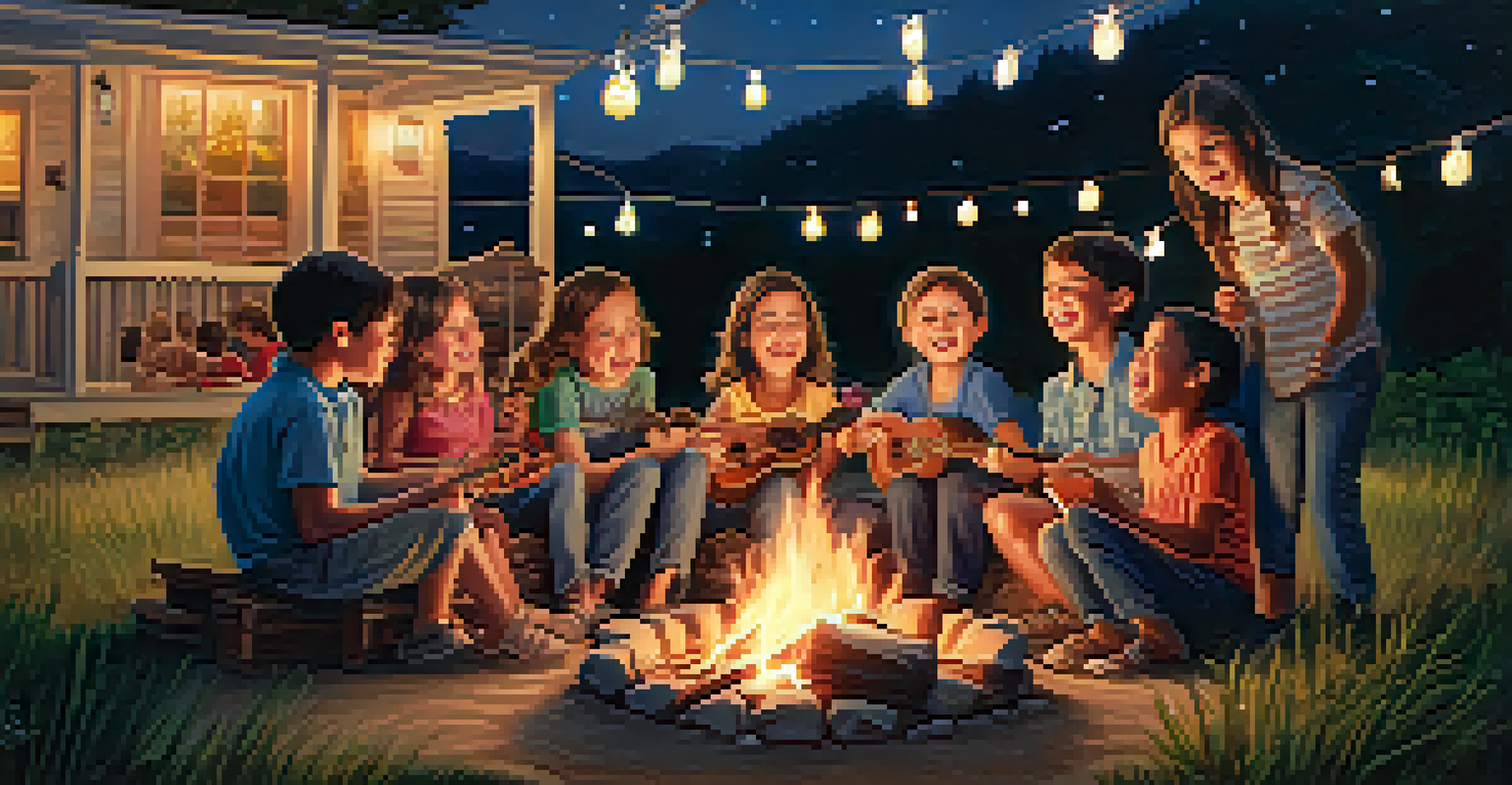 Children playing ukuleles around a campfire at dusk, with fairy lights and a starry sky overhead.