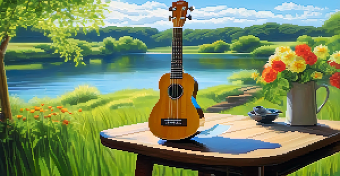 A ukulele on a wooden table under a tree with flowers and grass, soft sunlight filtering through the leaves.