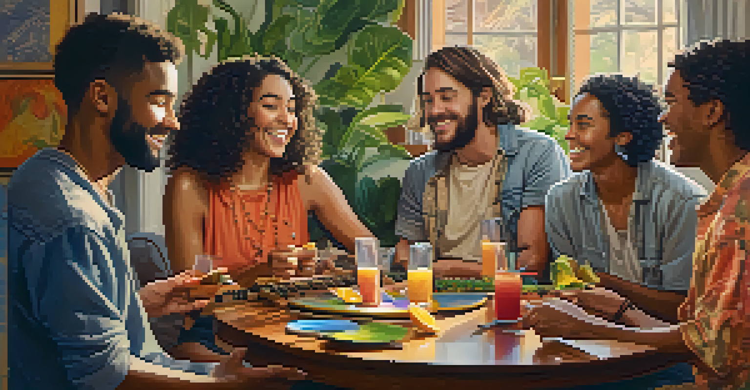 A group of friends playing ukuleles together in a cozy, colorful room filled with plants and artwork.