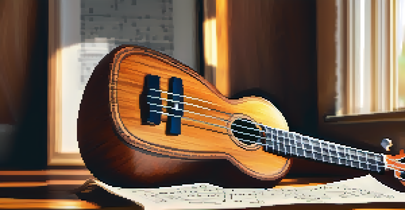 A close-up of a ukulele on a wooden table with sheet music and a cup of coffee in a sunlit setting.