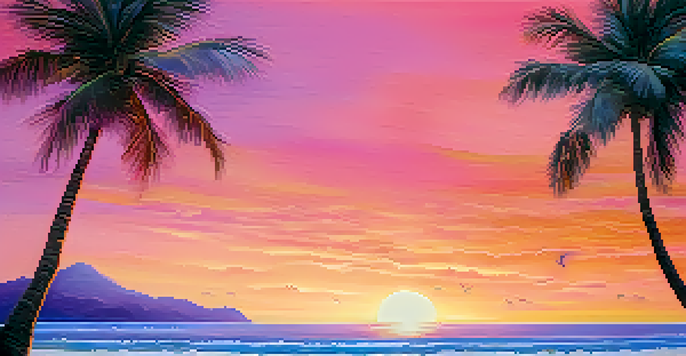 A ukulele on a beach towel with a sunset in the background, surrounded by palm trees and seashells.