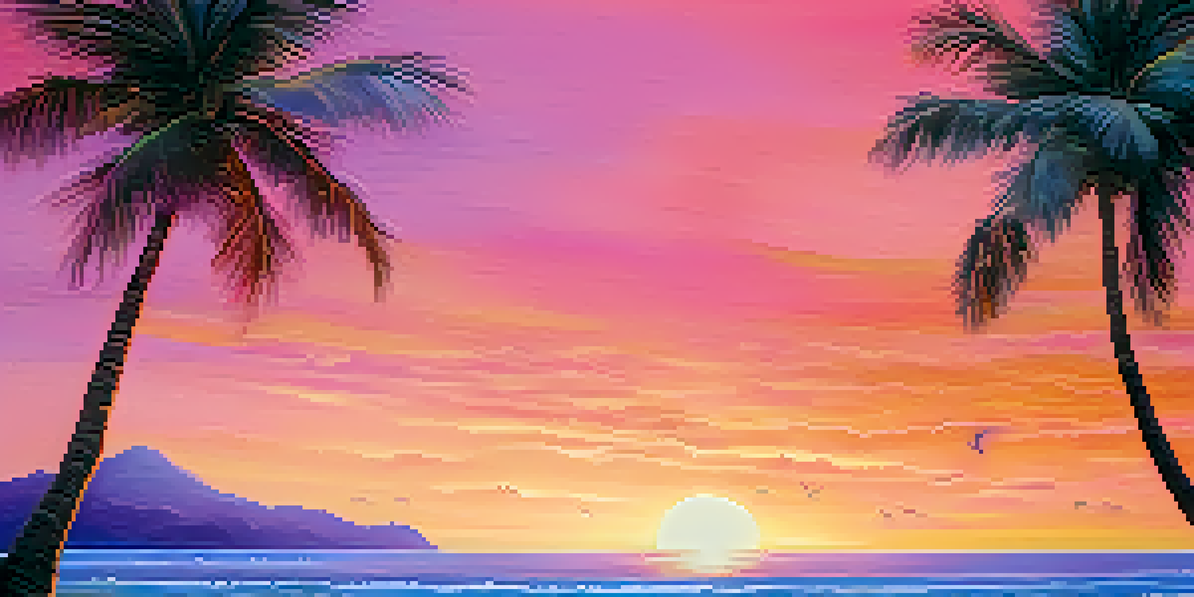 A ukulele on a beach towel with a sunset in the background, surrounded by palm trees and seashells.