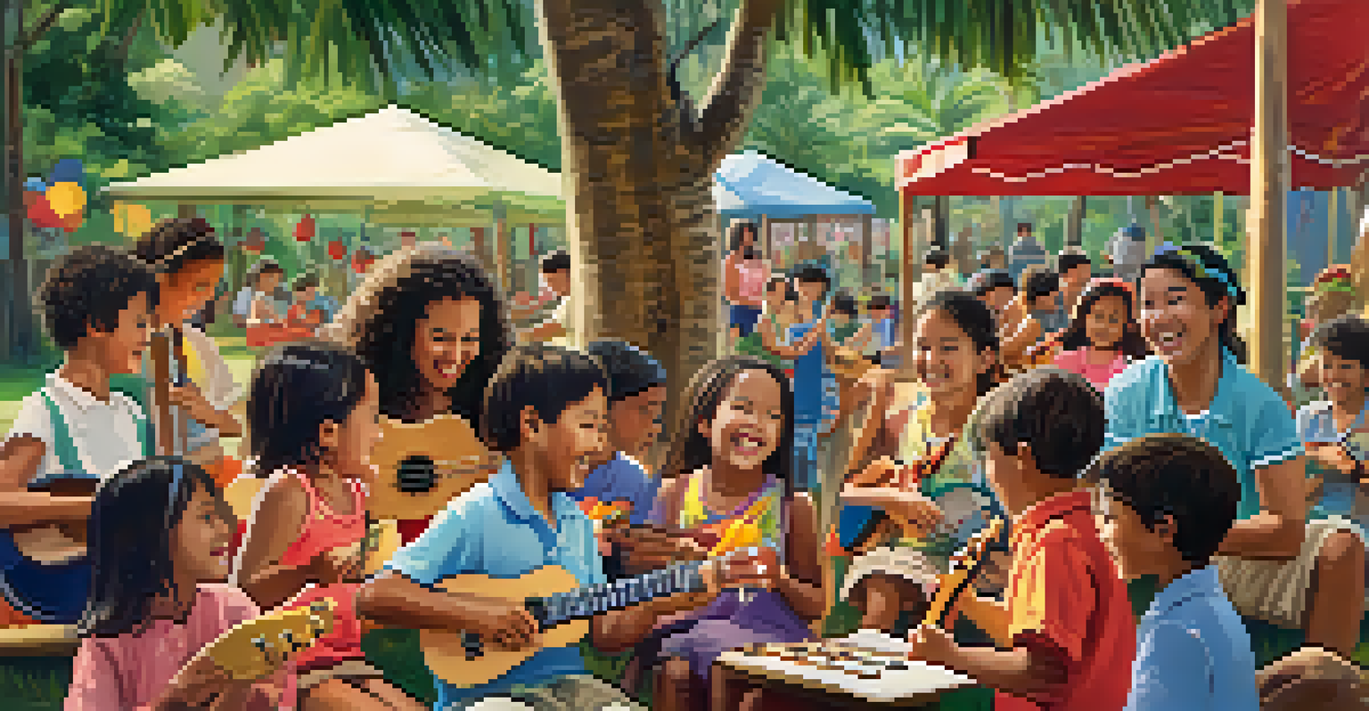 A workshop at a Hawaiian festival where children learn to play the ukulele, surrounded by colorful decorations and smiling participants.