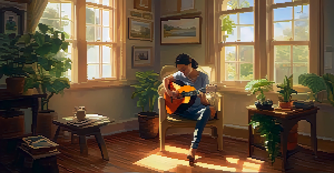 A person strumming a ukulele in a sunlit room with a notepad and a cup of tea nearby.