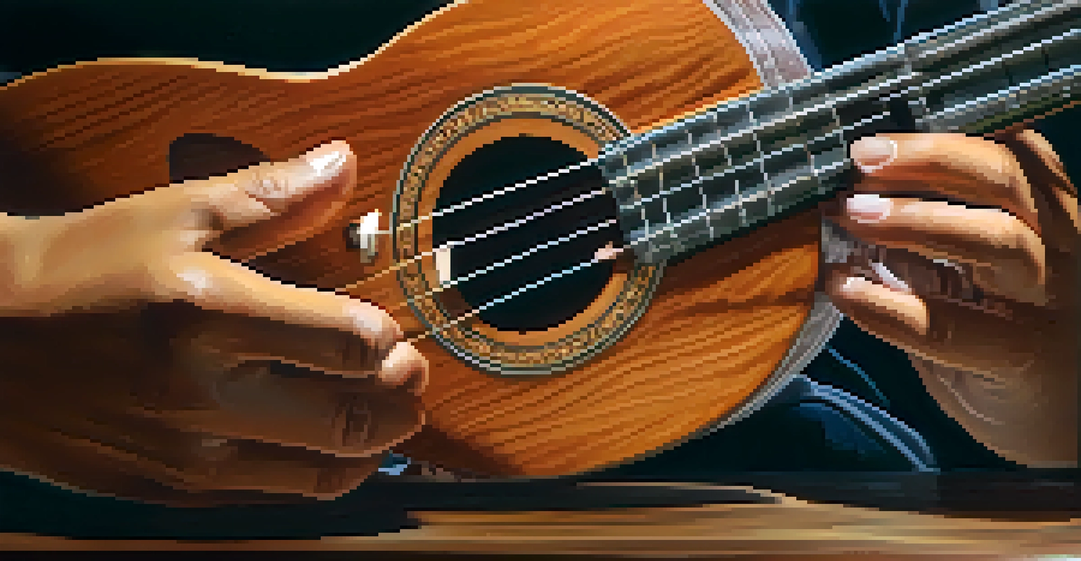 Close-up of Aldrine Guerrero's hands playing the ukulele, with a music studio in the background.