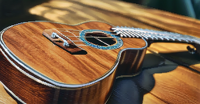 A polished ukulele on a wooden table with sunlight highlighting its features, accompanied by a soft cloth.
