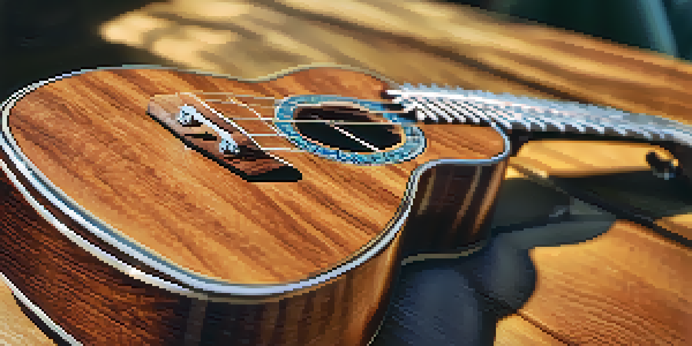 A polished ukulele on a wooden table with sunlight highlighting its features, accompanied by a soft cloth.