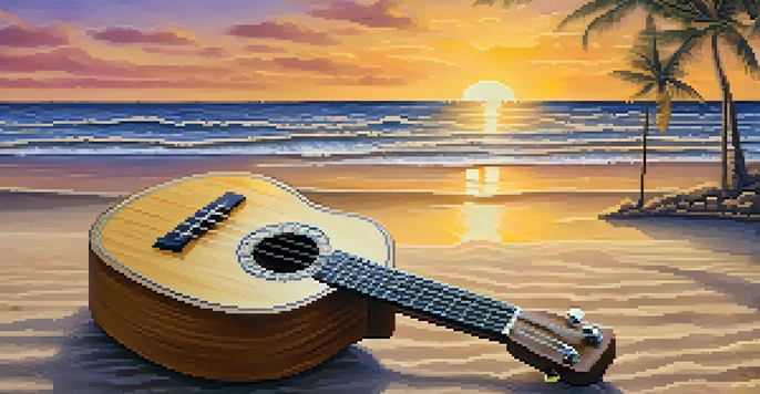 A handcrafted ukulele on a sandy beach during sunset with waves in the background.