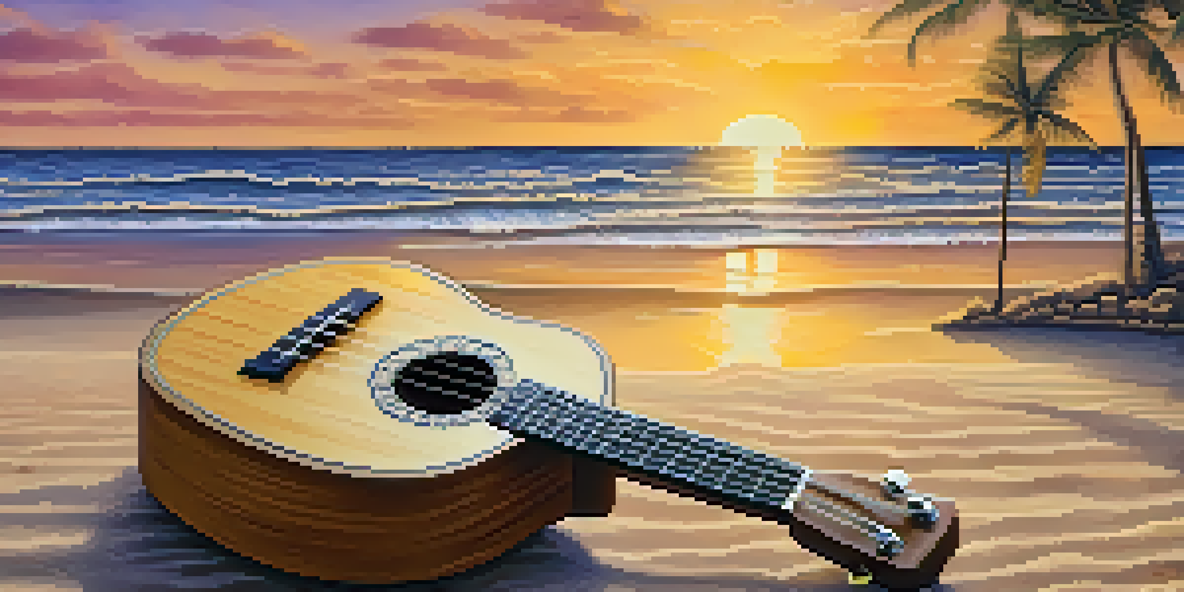 A handcrafted ukulele on a sandy beach during sunset with waves in the background.