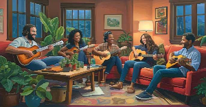 A diverse group of ukulele players enjoying a jam session in a cozy living room, surrounded by plants and warm lighting.