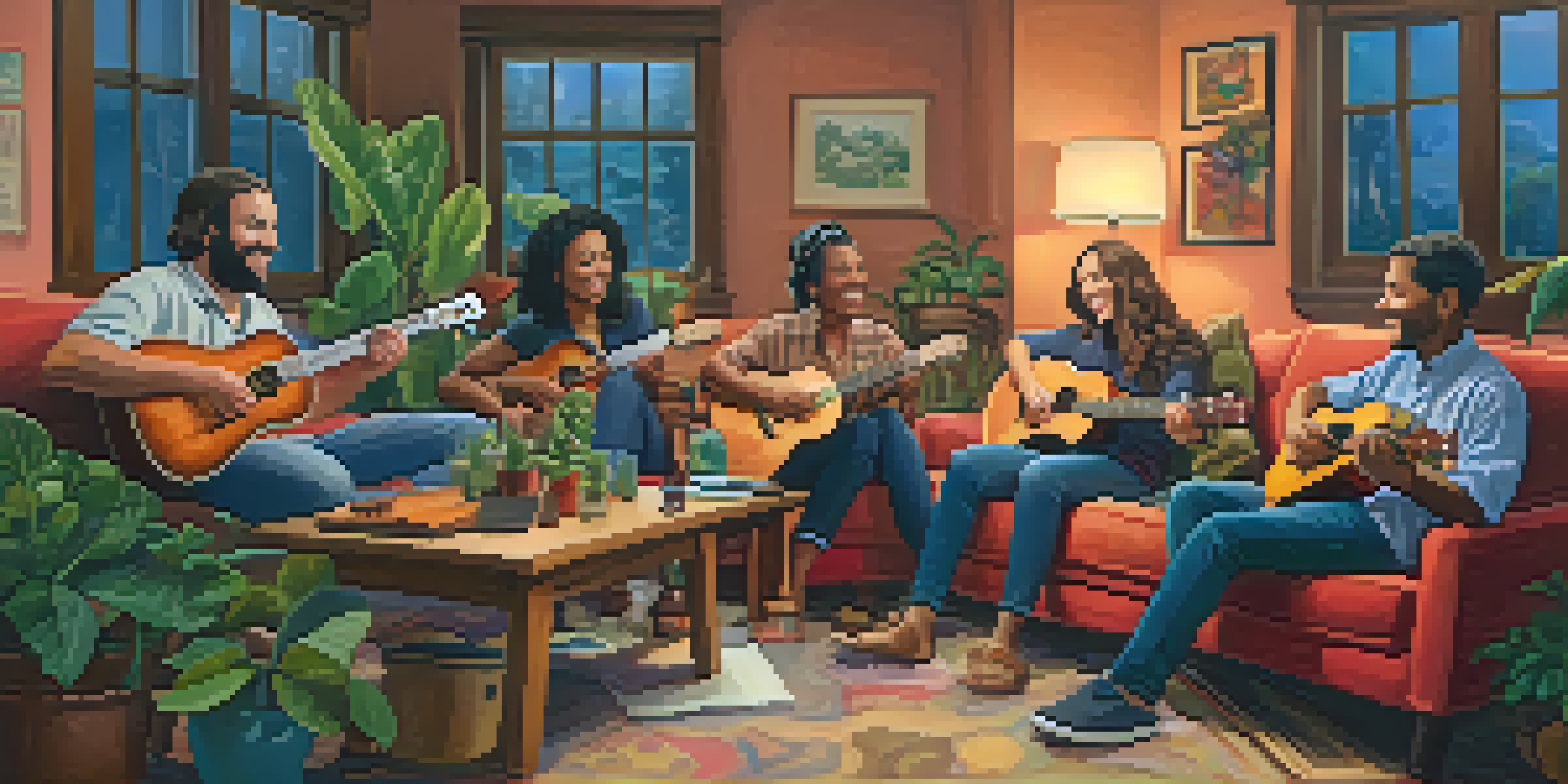 A diverse group of ukulele players enjoying a jam session in a cozy living room, surrounded by plants and warm lighting.