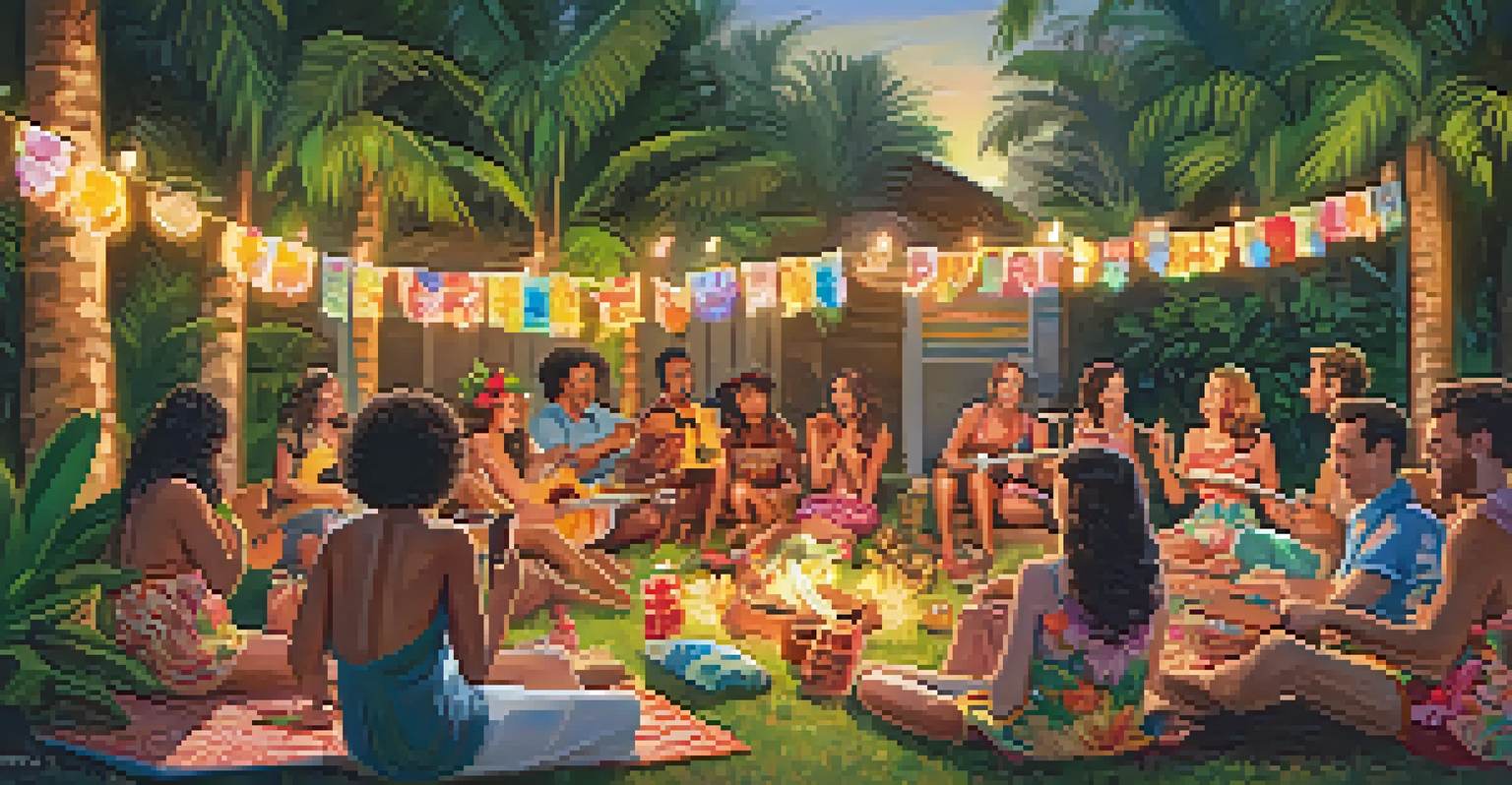 People enjoying a summer luau-themed ukulele gathering in a backyard, wearing flower leis and sitting on picnic blankets, surrounded by tropical decorations.