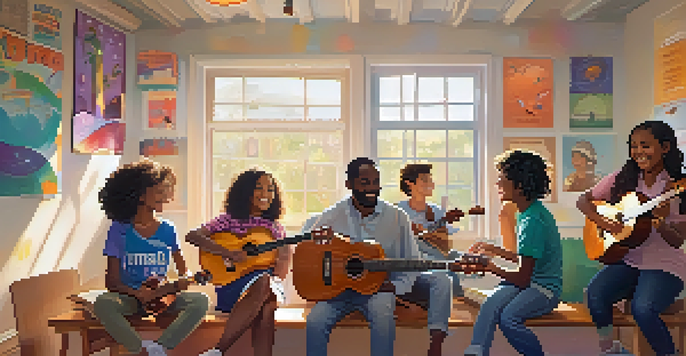 Diverse students in a classroom playing ukuleles together, smiling and enjoying their music session.