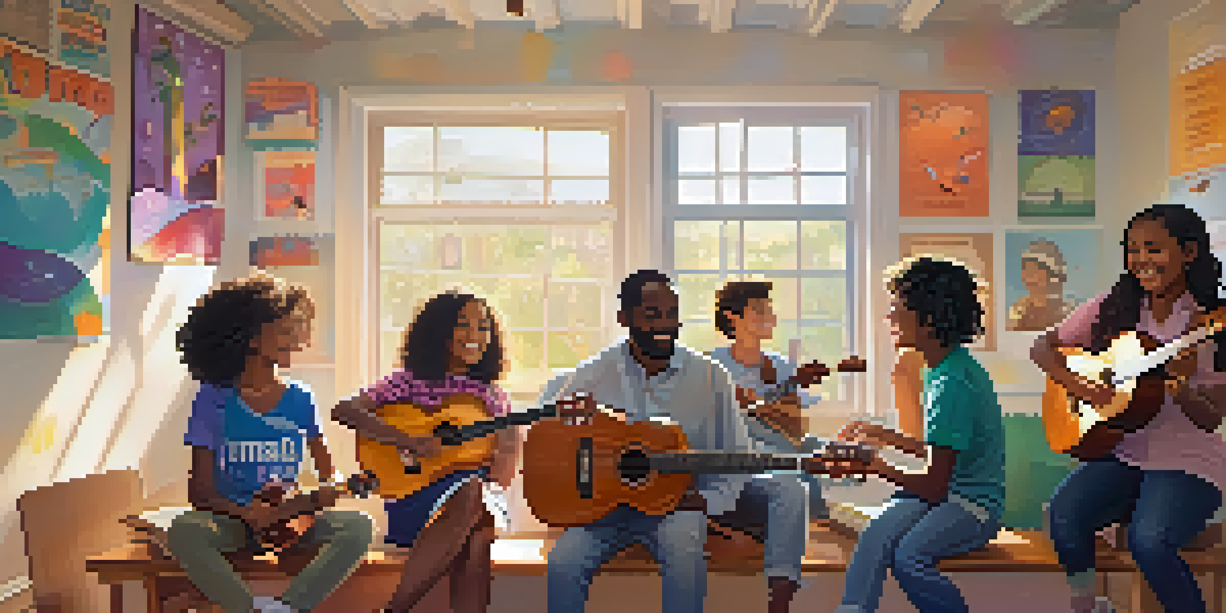Diverse students in a classroom playing ukuleles together, smiling and enjoying their music session.