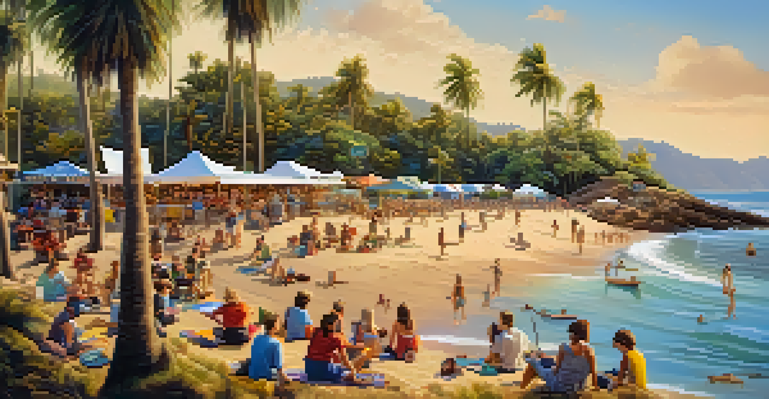 Attendees enjoying the Sunshine Coast Ukulele Festival on the beach, playing ukuleles with food stalls and palm trees in the background.