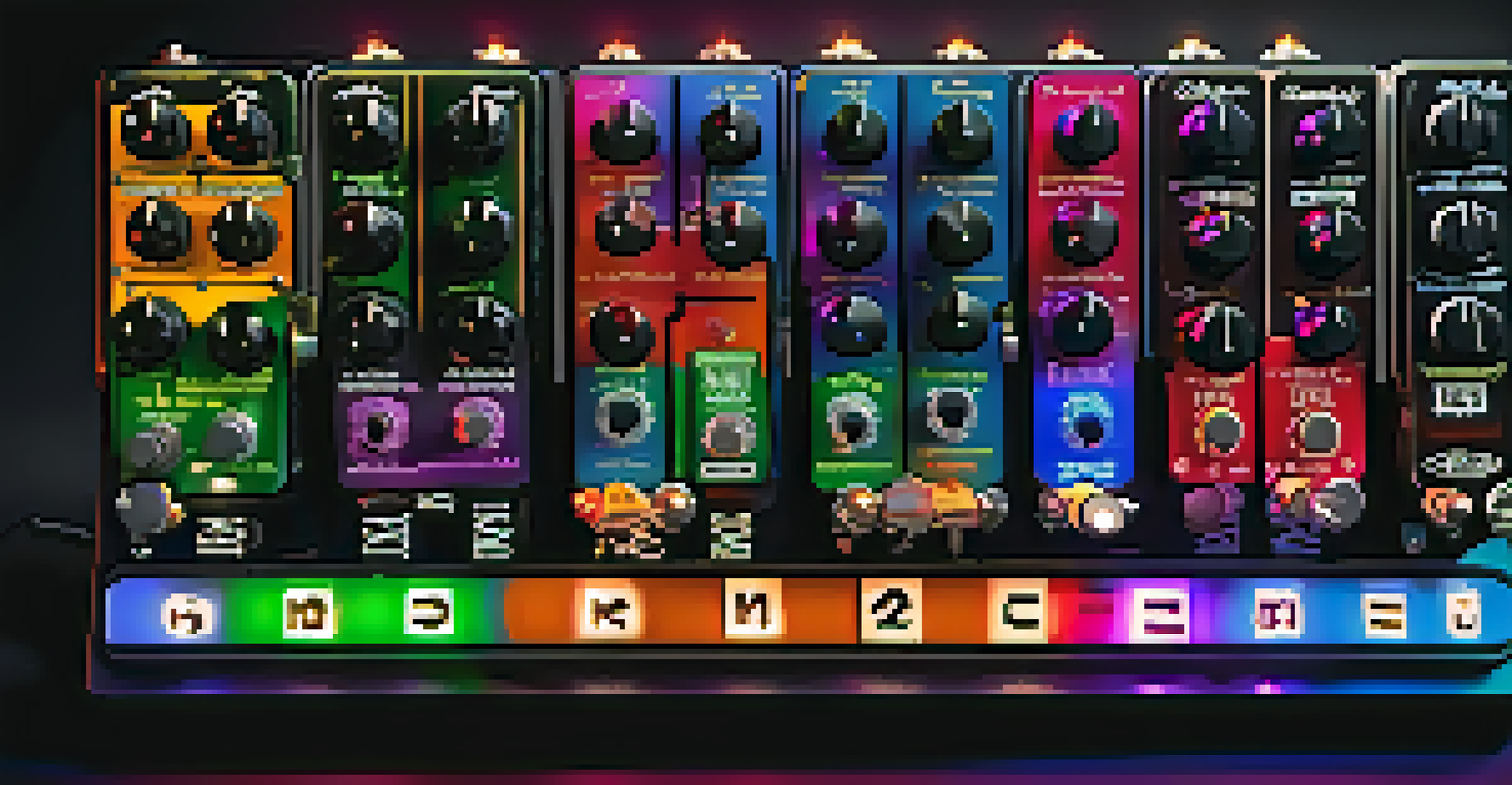 A close-up of an effects pedal board for ukulele, featuring various colorful pedals with glowing LED lights.