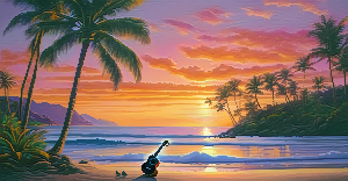 A peaceful Hawaiian beach at sunset with a ukulele on the sand and a musician in the distance.