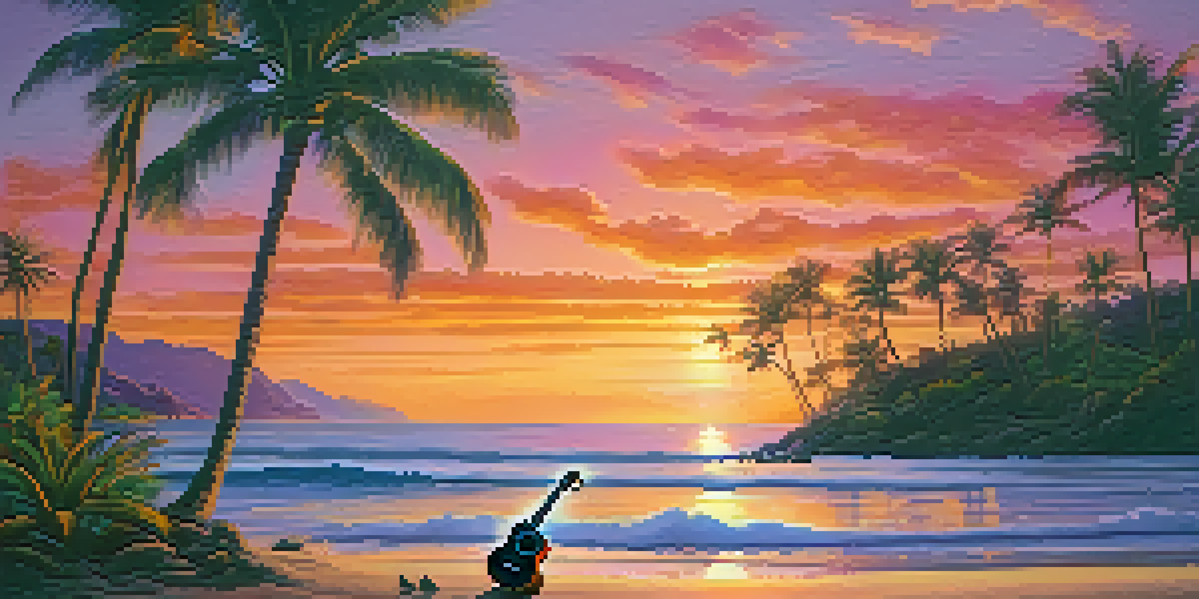 A peaceful Hawaiian beach at sunset with a ukulele on the sand and a musician in the distance.