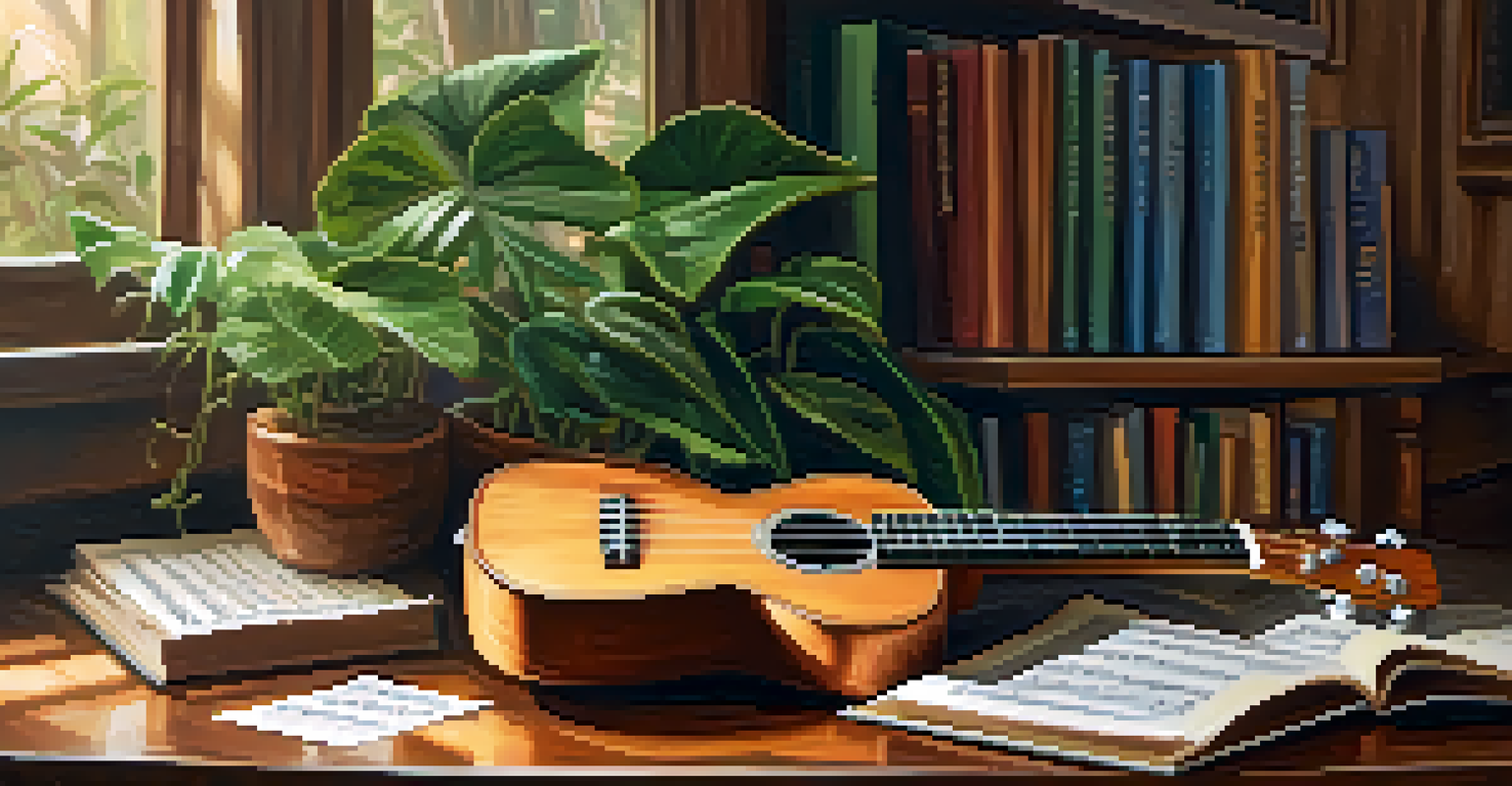 A close-up of a ukulele on a wooden table with sheet music and a cozy background.
